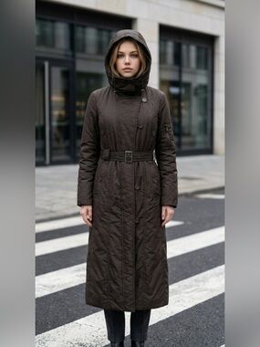 Long Quilted Hooded Trench Coat in Dark Brown